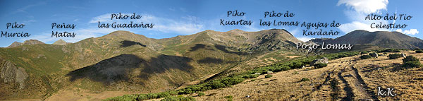 Ruta de subida a Pea Prieta Sur, con el Pico Murcia, Peas Matas, Pico de las Guadaas, Pico Cuartas, Pico de las Lomas, Agujas de Cardao, Alto del To Celestino