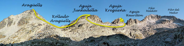 Cresta de Cregüeña: Pico Aragüells, Aiguille Juncadella, Aiguille Cregüeña, Aiguille Haurillon, Pico Maldito