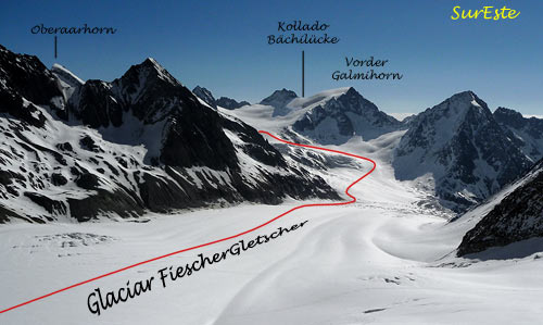 glaciar FiescherGletscher, Vorderes Galmihorn, collado Bächilicke