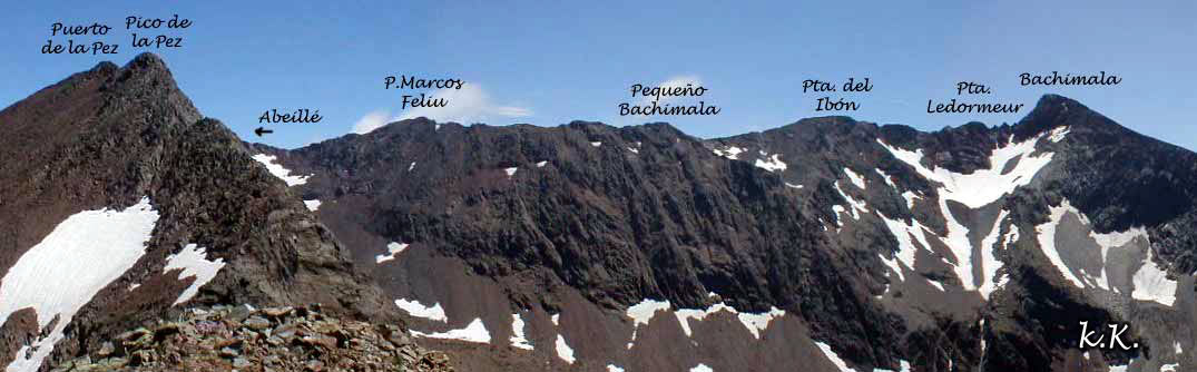 -Foto: Cresta de la Pez: Pico de la Pez, Puerto de la Pez, Abeillé, Pico Marcos Feliu, Pequeño Batchimale, Punta del Ibón, Pointe Ledormeur, Gran Bachimala Schrader